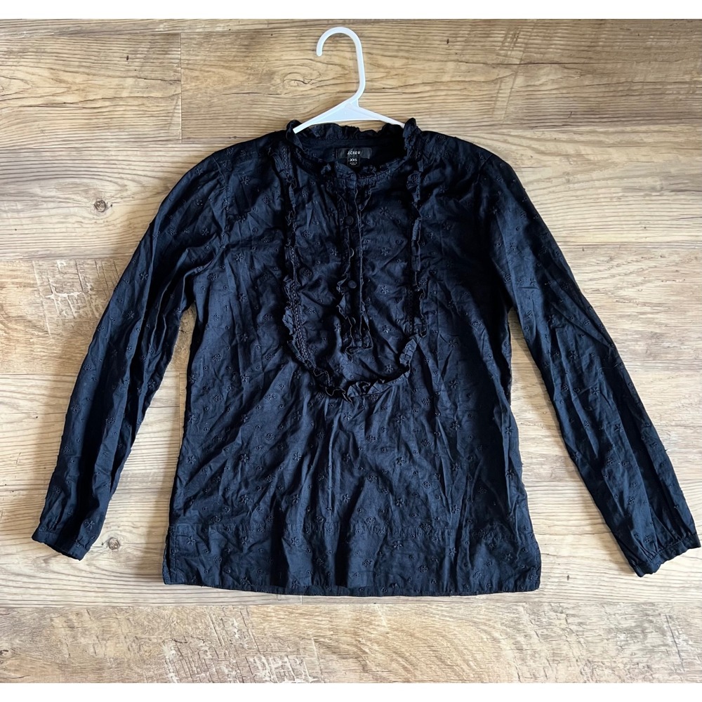 J Crew‎ Black Floral Eyelet Long Sleeve Ruffled Yoked Front Blouse Size XXS